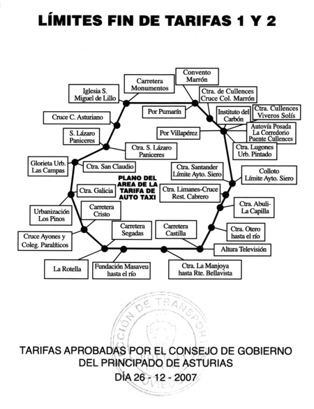 Límites Tarifas 1 y 2 Taxis Oviedo