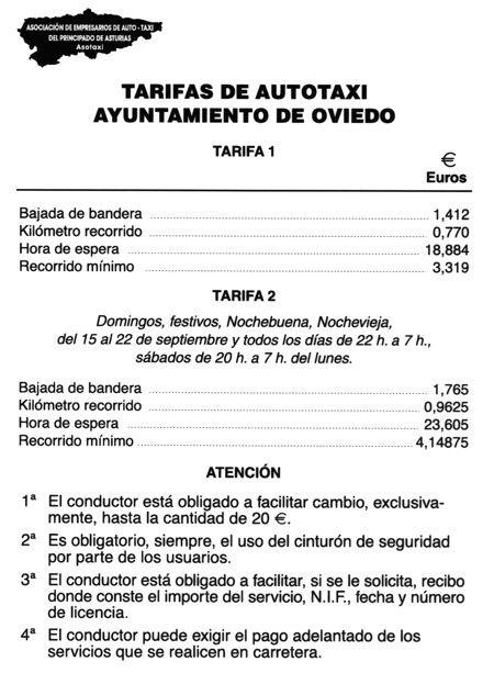 Tarifas Autotaxi Oviedo