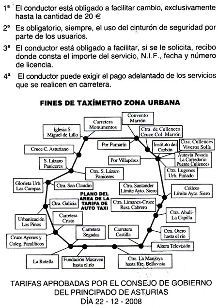 Límites Tarifas 1 y 2 Taxis Oviedo